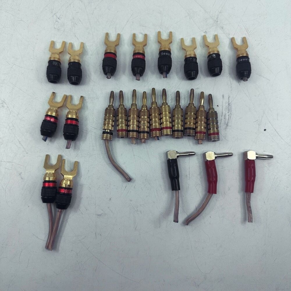 Lot of 25 Gold Speaker Wire Connectors Spade Lugs Banana Plugs Sewell Used
